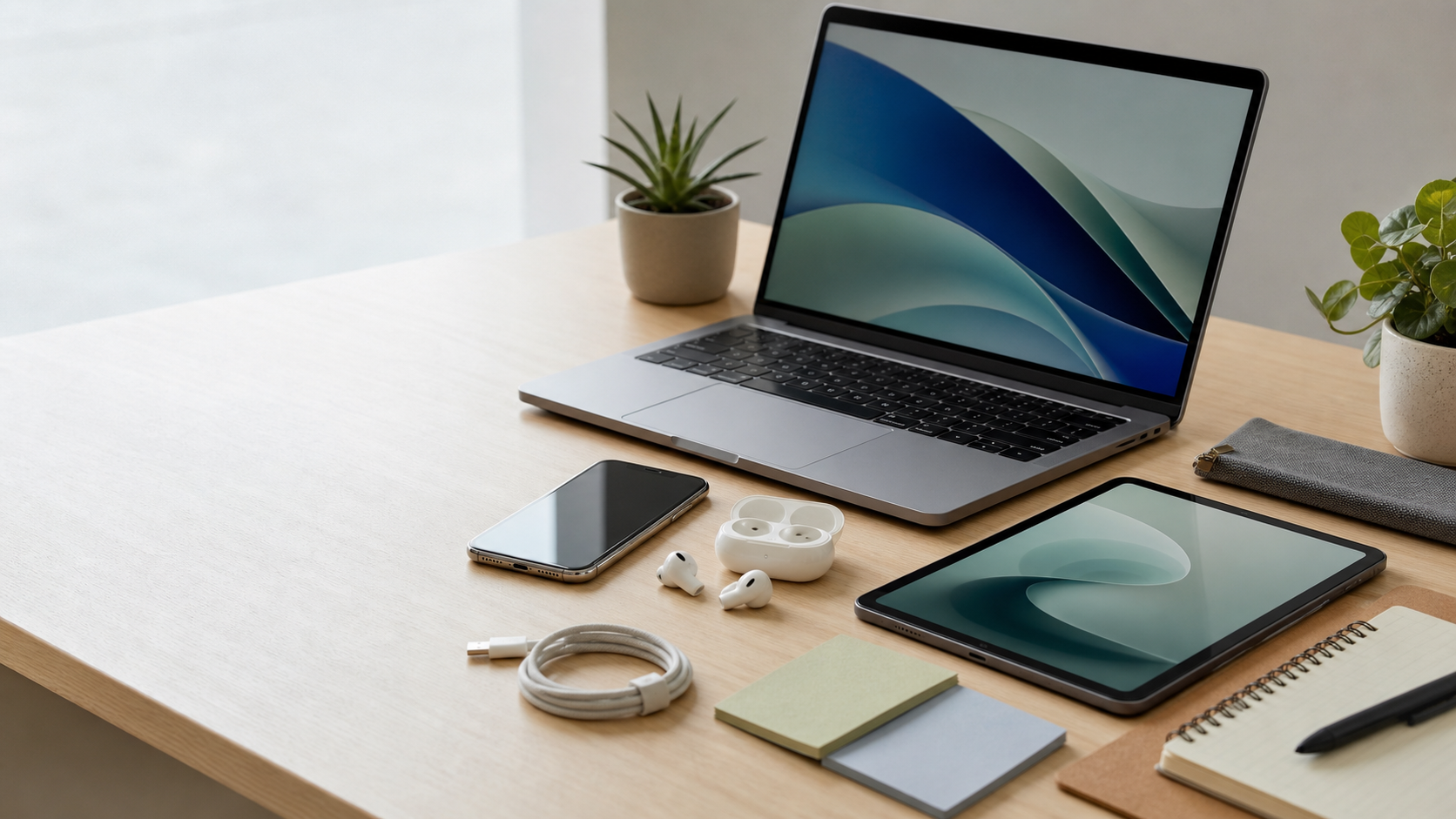 Consumer electronics research desk with a laptop, phone, tablet, earbuds, and notes